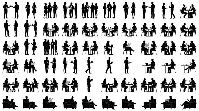 Cafe Restaurant Sitting Human Figure Silhouette Architectural Entourage CAD Block Vector