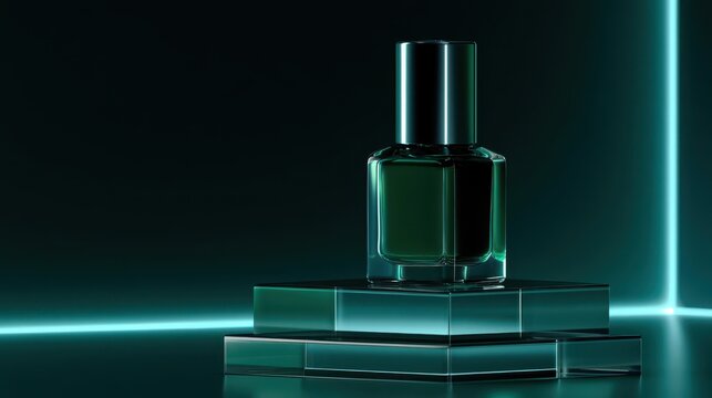 Luxury Glass Perfume Bottle on Glowing Neon Podium with Futuristic Dark Background
