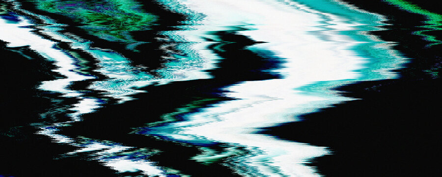 Abstract glitch art background with distorted white and teal lines on black