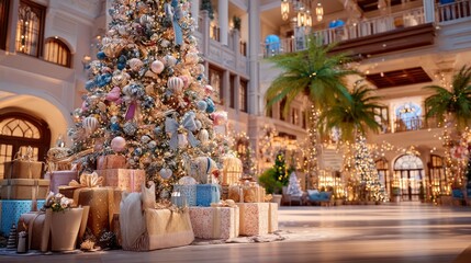 Fototapeta premium Massive Decorated Christmas Tree in Luxurious Hotel Lobby with Gifts