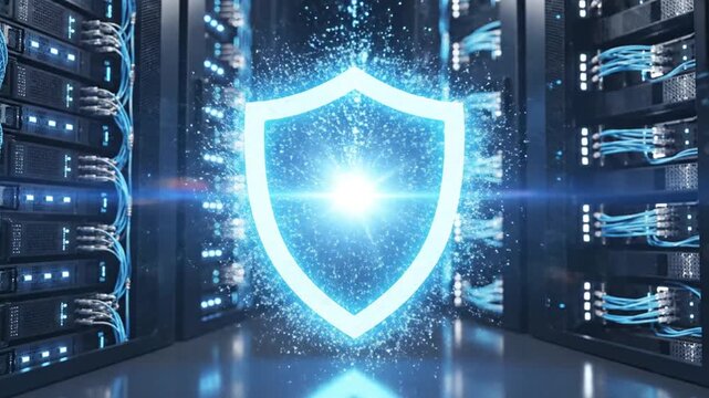 Digital security shield protecting data center server racks.