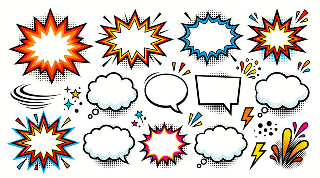 Set of Comic Book Action Speech Bubbles and Pop Art Explosion Elements for Graphic Design