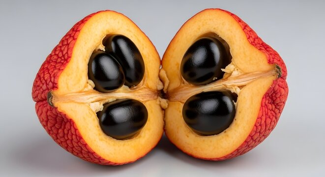 Ripe Ackee fruit cut in half revealing black seeds against a clean studio background