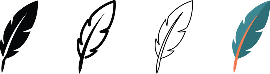 Minimalist feather icon set, 4 vector feather illustrations in silhouette and outline styles, elegant quill pen symbols for writing and literature isolated PNG with Transparent Background © Sahena Studio
