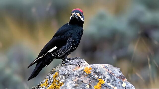 Woodpecker with Red Crest Perched on Rock