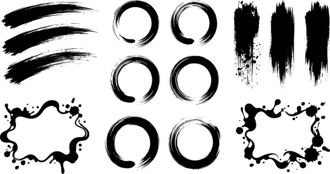 Set of black ink brush strokes, circles and splash frames transparent background