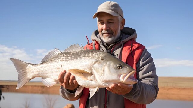 Senior Fisherman Holding Large Bass by Lake