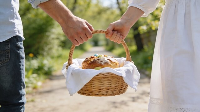 Two people carrying wicker basket filled with traditional sweet bread wrapped inside white cloth along sunlit garden path spring celebration family tradition festive holiday homemade baking rustic lif