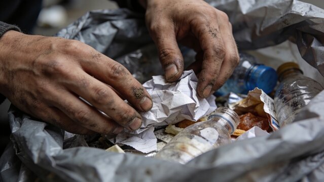 Dirty hands searching through garbage bag filled with discarded plastic bottles crumpled paper food waste revealing harsh reality poverty survival recycling pollution environmental crisis human strugg