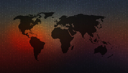 Naklejka premium Global Network: A silhouette of the world map overlaid on a digital background, symbolizing connectivity, data flow, and international relations in the modern age.