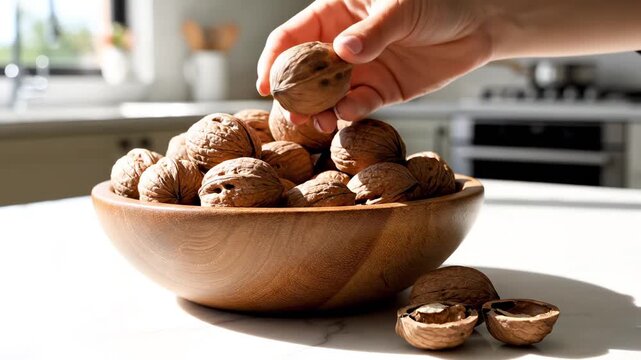 Hand picking walnuts from wooden bowl on sunlit kitchen counter. Emphasis on walnuts through walnut shells and nuts theme for menus, packaging mockups, education assets, social concepts