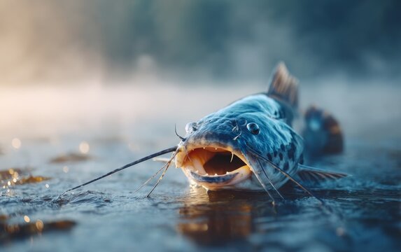 Massive Flathead Catfish Bursting Through Surface of Serene Water