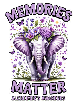 A purple elephant adorned with flowers symbolizes Alzheimer's awareness. The words 'Memories Matter' highlight the importance of the cause.