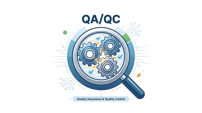 Quality Assurance and Quality Control concept illustration, QA QC business process management, magnifying glass inspecting mechanical gears and data