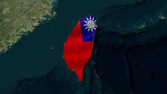 Taiwan island map silhouette animated with a waving national flag pattern in this digital motion footage showing geographic borders against a dark textured ocean background