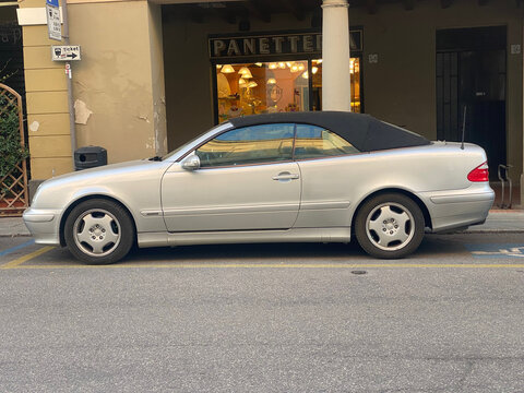 Mercedes Benz CLK convertible parked on Via Giovanni Maria Platina in Cremona, Lombardy, Italy