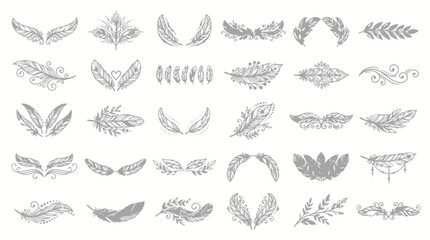 Set of delicate feather vector graphics for boho and tribal style designs. © Tah