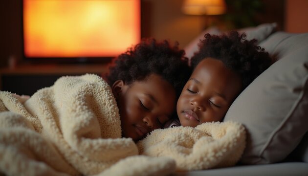 Two young children sleep soundly on a couch under a soft blanket. Siblings rest together indoors, in a dimly lit room with a warm TV glow. Peaceful family moment captures innocence and affection.
