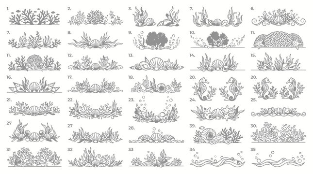 Underwater vector dividers and borders set, marine plants and sea creatures elements.