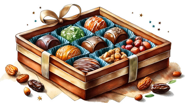 Assorted gourmet chocolates in a wooden gift box