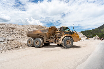 Cat 950GC loader, Cat SY365H Pro excavator and Cat truck expanding Manzanillo Guadalajara highway. dump truck moving rocks on a mine road. Manzanillo, Colima, Mexico, July 20, 2026.  © JuanArnoldo