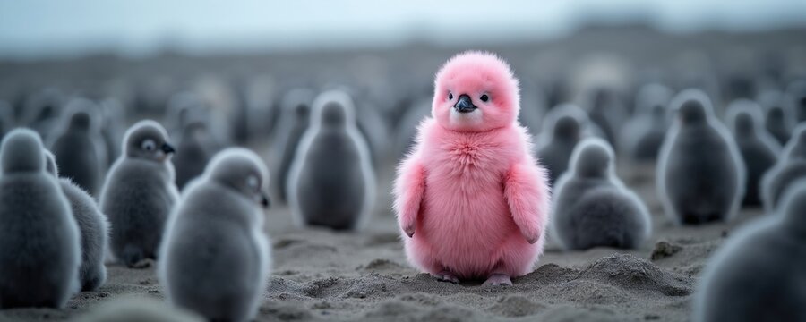 One fluffy pink penguin chick stands out from grey penguins on sandy shore. Bird looks unique among flock. Baby animal waits with crowd on coastline.