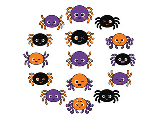 Naklejka premium Cute Halloween Spider Characters Bundle Cartoon Spooky Spider Clipart Collection Vector Illustration Set