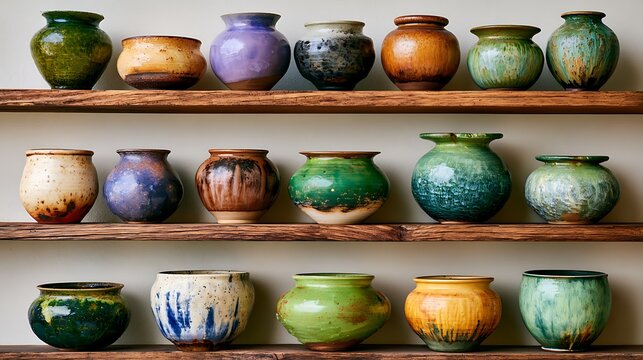 Collection of handmade ceramic pottery in various colors and shapes displayed on wooden shelves against a light background.