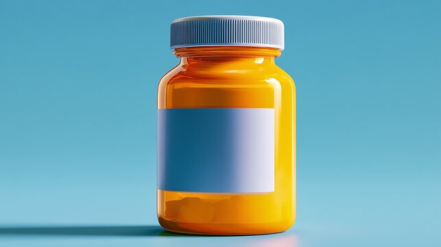 Amber pill bottle with white cap and blank label isolated on blue background