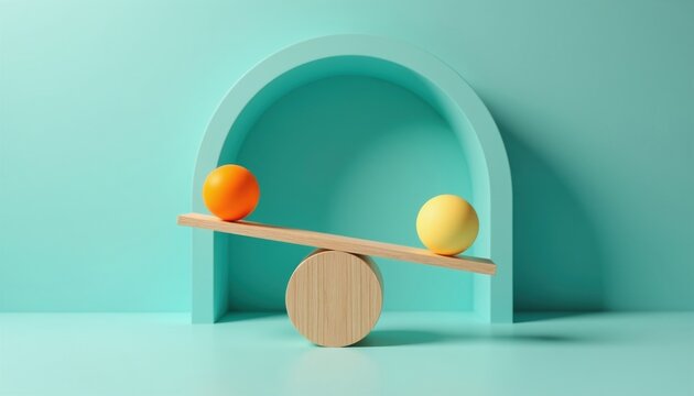 Orange and yellow balls on wooden plank balance scale. Simple abstract concept, geometric shapes, turquoise background. Equilibrium, decision, physics illustration.