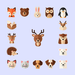 Fototapeta premium Cute Flat Animal Faces Icons Set: Fox, Bear, Rabbit, Owl, Penguin, Deer, Hedgehog, Cat, Dog