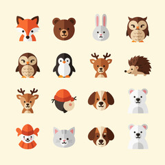 Fototapeta premium Cute Flat Animal Faces Icons Set, Vector Illustration
