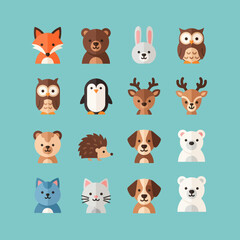 Obraz premium Cute Flat Animal Icons Collection: Forest, Arctic, Domestic Wildlife