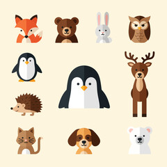 Obraz premium Cute Flat Animal Icons Collection: Fox, Bear, Penguin, Deer, Owl, Rabbit