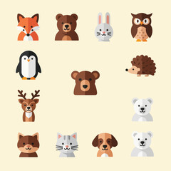 Fototapeta premium Cute Flat Animal Icons Collection: Fox, Bear, Rabbit, Owl, Penguin, Hedgehog, Deer