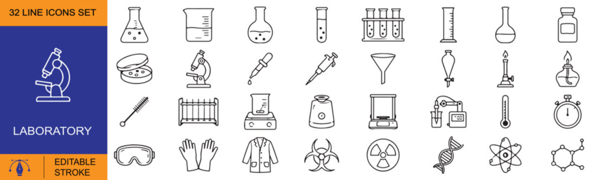 Laboratory Vector Outline Icons Set &ndash; Science Lab Equipment, Medical Research and Chemistry Line Symbols Collection