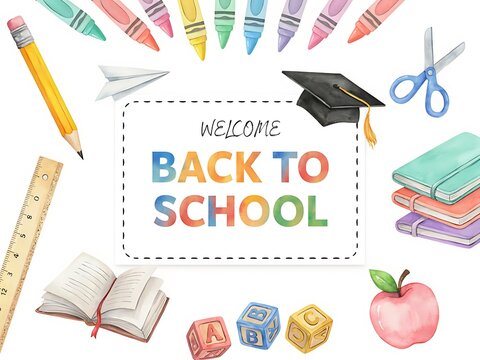Watercolor illustration featuring school supplies like crayons pencils scissors books an apple and a welcome back to school sign ideal for educational designs