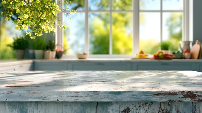 Empty rustic kitchen table with blurry green trees and window view in the background.