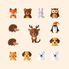 Fototapeta premium Cute Flat Animal Icons Set: Fox, Bear, Rabbit, Owl, Hedgehog, Deer, Penguin, Dog, Cat