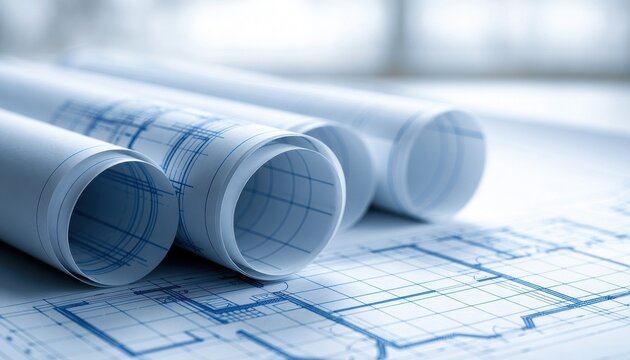 Architectural blueprints rolled up on a construction plan. Ideal for engineering design and real estate development.
