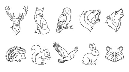 Obraz premium Collection of various wild animals in a line art style