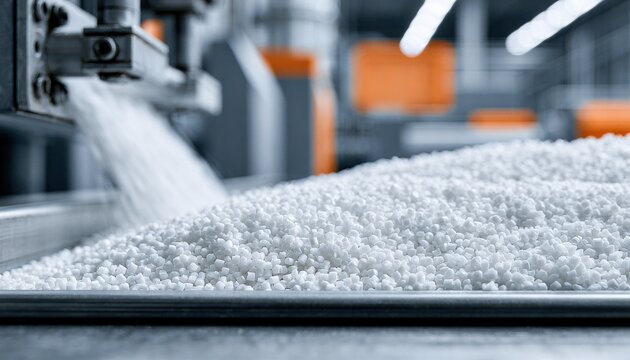 White plastic pellets pouring in an industrial manufacturing plant. This represents polymer resin production and.