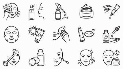 Fototapeta premium Cosmetic skincare routine vector icons with women's beauty treatments during daytime and nighttime isolated on white background