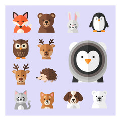 Fototapeta premium Cute Flat Animal Icons Set: Fox, Bear, Rabbit, Penguin, Owl, Deer, Hedgehog, Cat, Dog