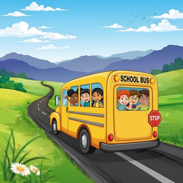 A vibrant illustration depicts a yellow school bus filled with cheerful children traveling along a winding road through a lush green landscape