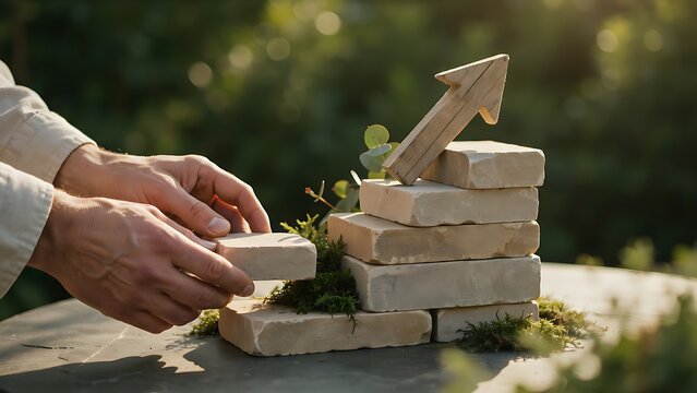 Person placing wooden block on stack of blocks with arrow on top  growth and development concept