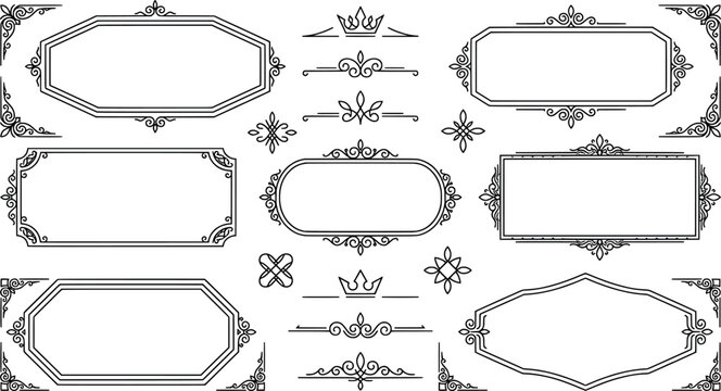 Set of vintage frames and decorative elements with crowns, calligraphic borders and corners transparent background