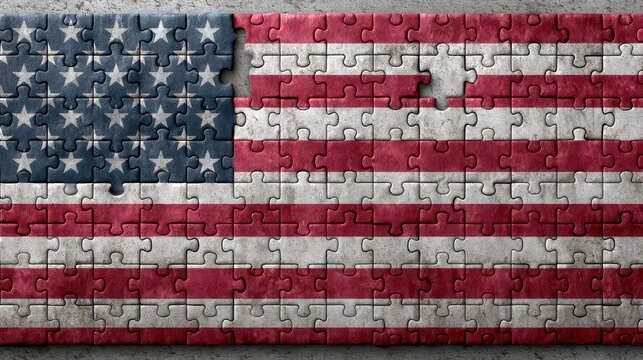American flag jigsaw puzzle with missing pieces on stone texture. A concept for political instability or national.