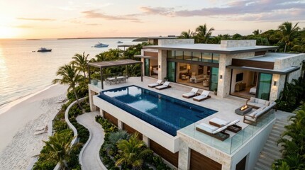 Fototapeta premium Luxury beachfront villa, modern oceanfront mansion featuring infinity swimming pool, scenic coastal sunset horizon, spacious stone terrace design, comfortable outdoor lounge furniture, palm trees.