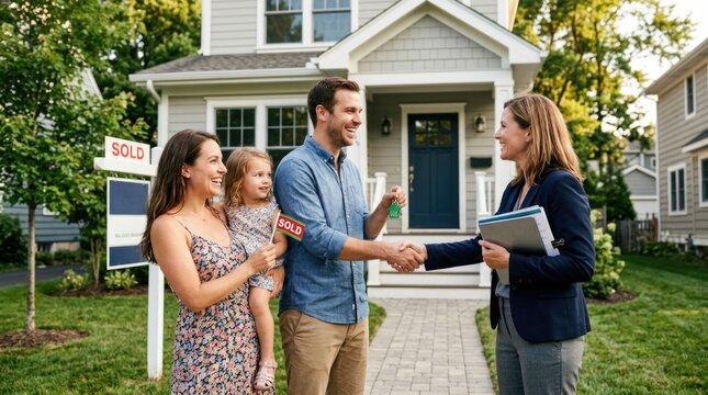 Young family shaking hand with female real estate agent, standing outside new suburban house, celebrating property purchase deal, holding home key near sold sign, making financial investment.